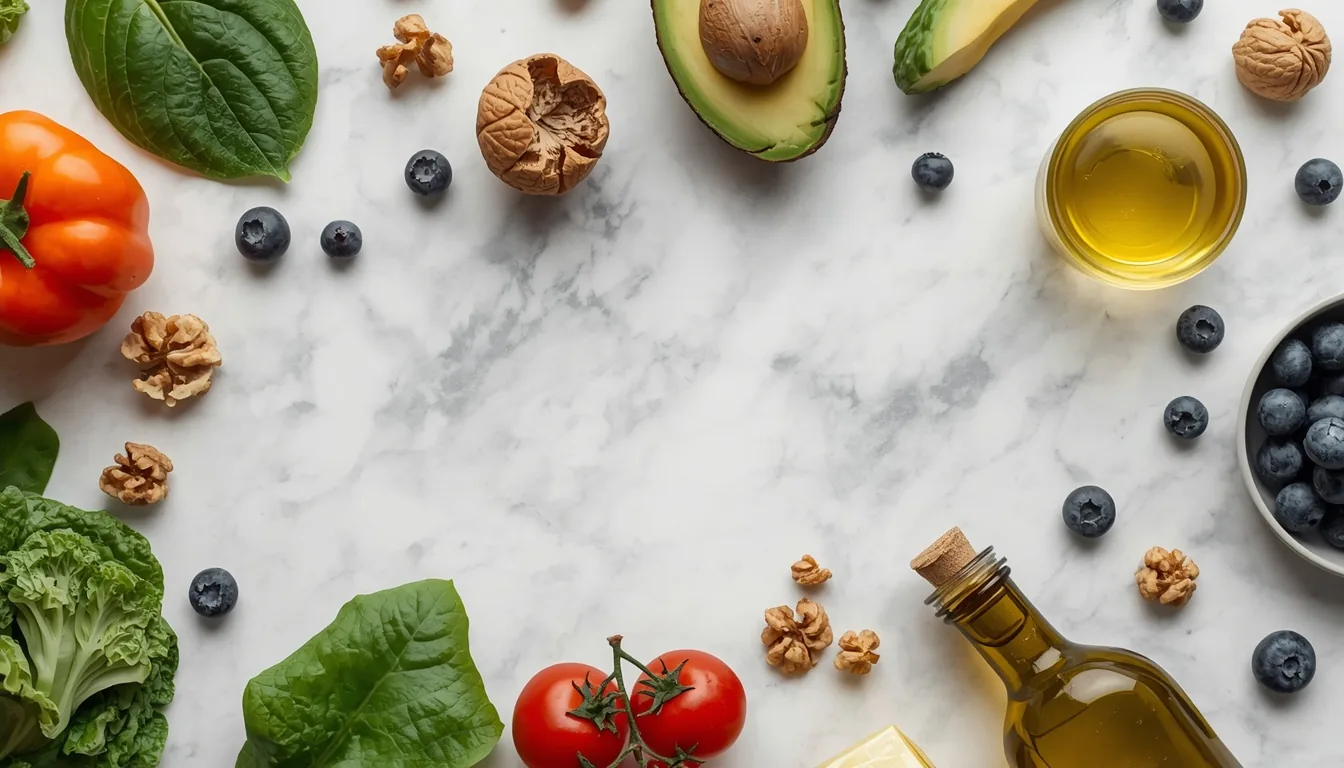 Aliments sains pour une belle peau homme : avocat, noix, myrtilles, légumes, huile d'olive