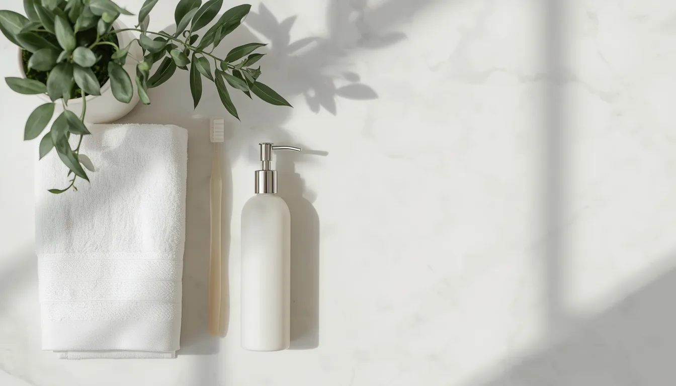 Essentiels d'hygiène homme : serviette, brosse à dents, savon et plante sur plan de travail