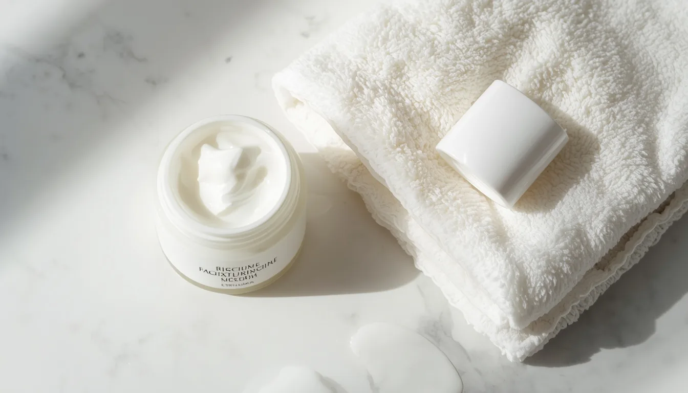 Crème hydratante pour peau sèche homme sur plan de travail salle de bain