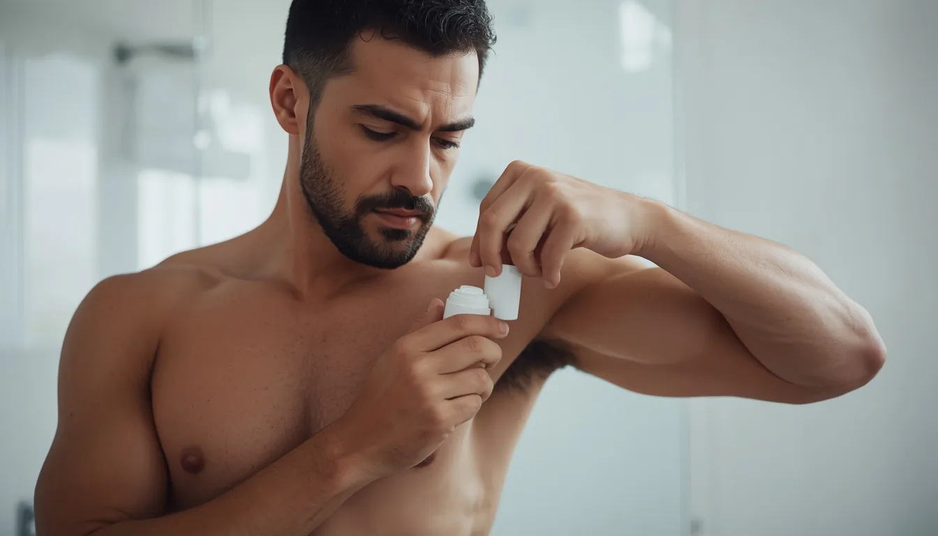 Homme appliquant un déodorant, salle de bain