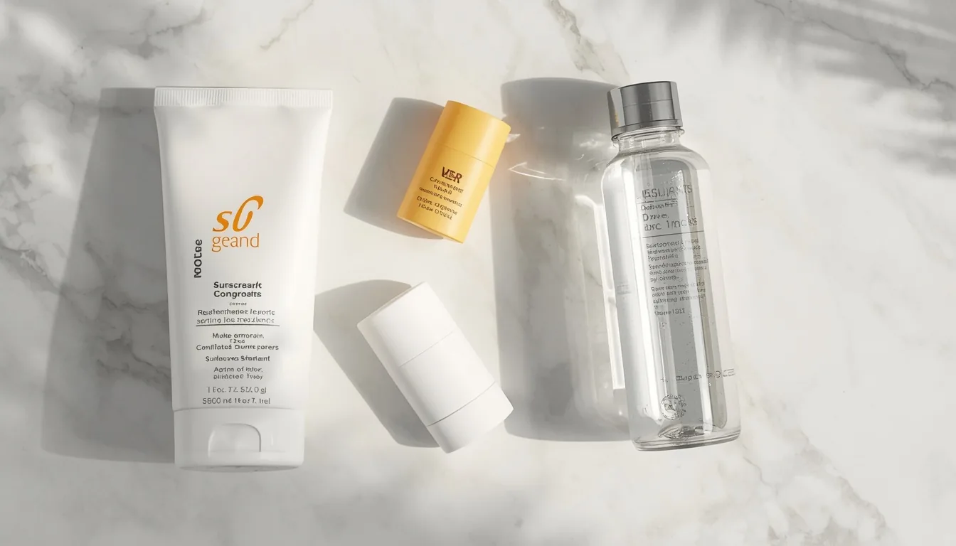 Crème solaire, déodorant et bouteille d'eau sur marbre blanc pour l'hygiène homme en été