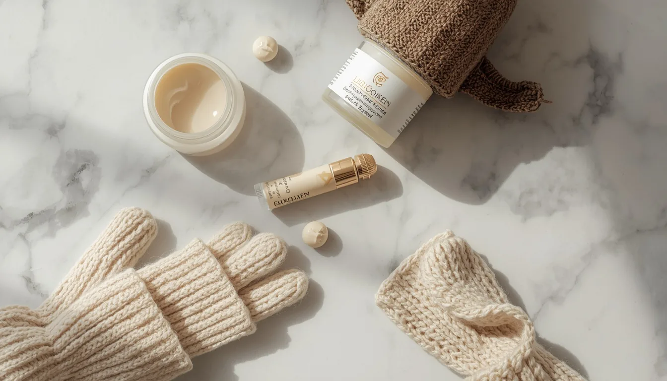 Crème hydratante, baume à lèvres et gants en laine pour l'hygiène homme en hiver