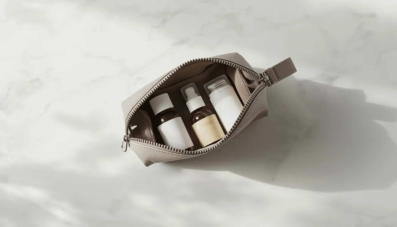Trousse de voyage ouverte avec produits d'hygiène essentiels pour homme