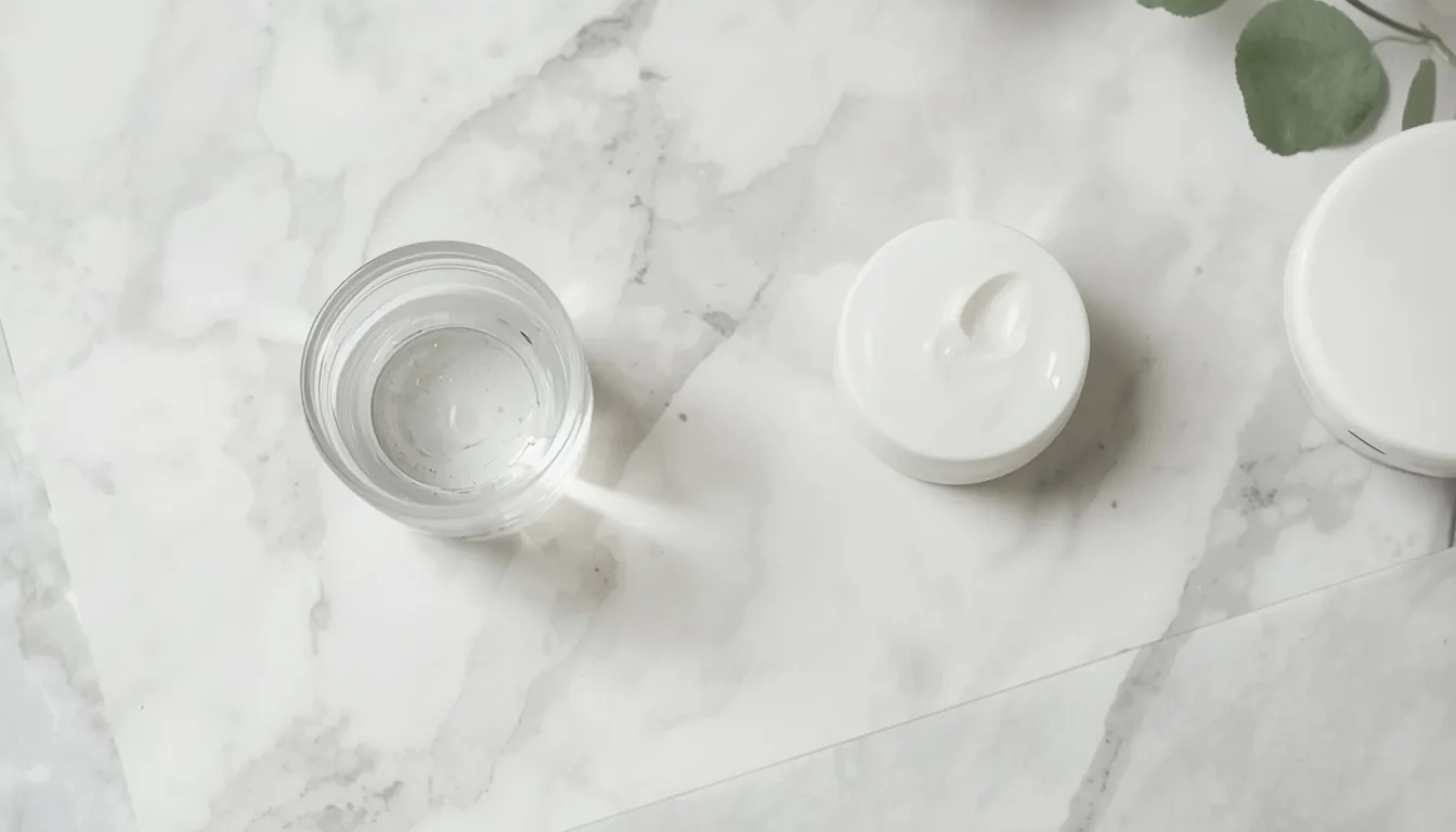 Verre d'eau et crème hydratante sur marbre pour récupération après une nuit de fête