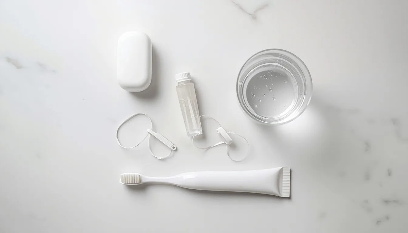 Brosse à dents, dentifrice, fil dentaire et verre d'eau pour lutter contre la mauvaise haleine