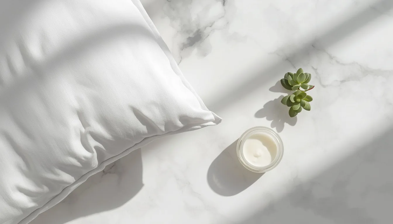 Oreiller blanc et crème hydratante représentant la régénération de la peau pendant le sommeil