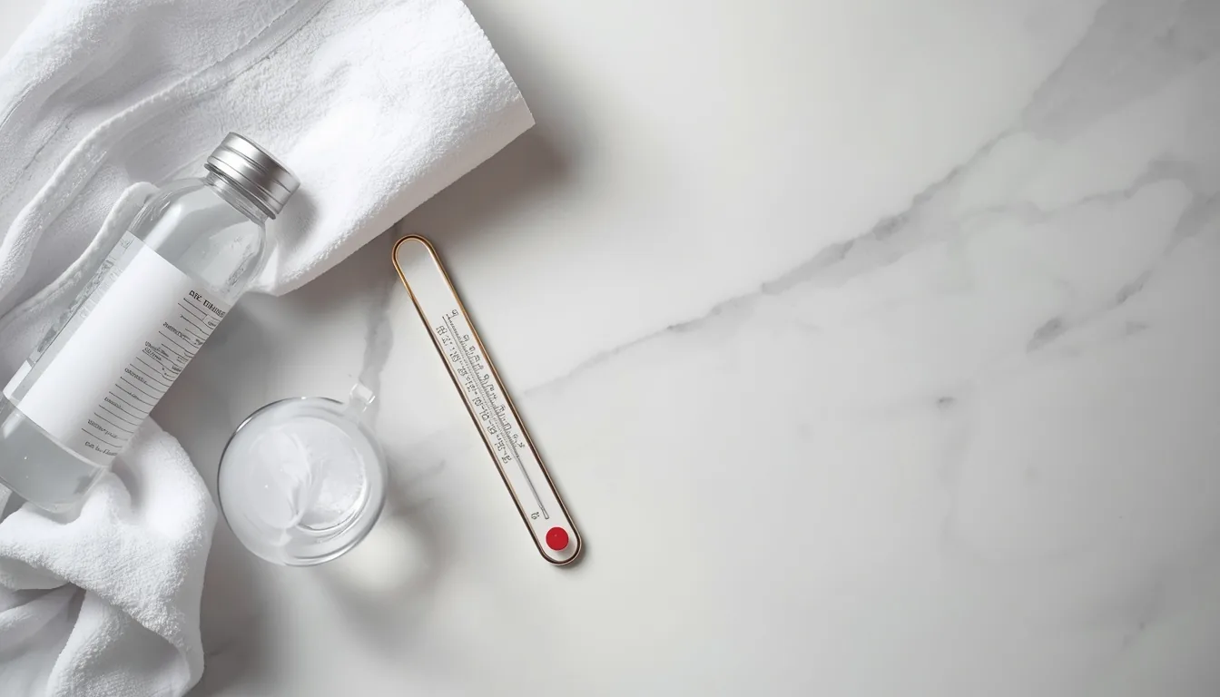 Bouteille d'eau, serviette et thermomètre sur marbre blanc représentant les causes de transpiration excessive